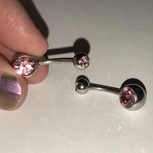 2 Gem Medium Pink 14 Gauge Belly Ring